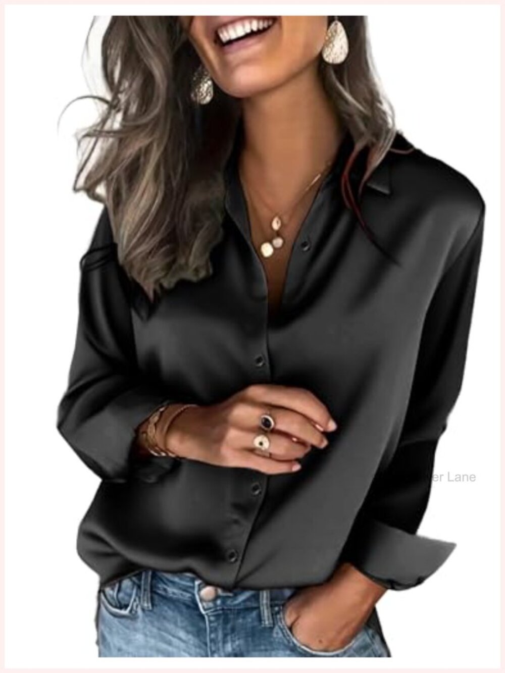 Women's Satin Button Down Shirt Long Sleeve V-Neck Blouse
